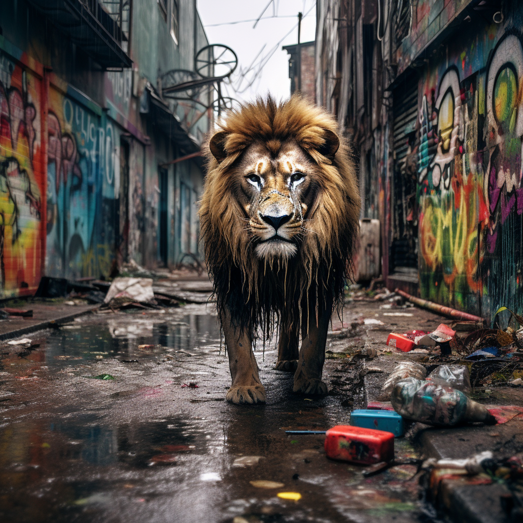 Majestic Lion Walking in Abandoned City