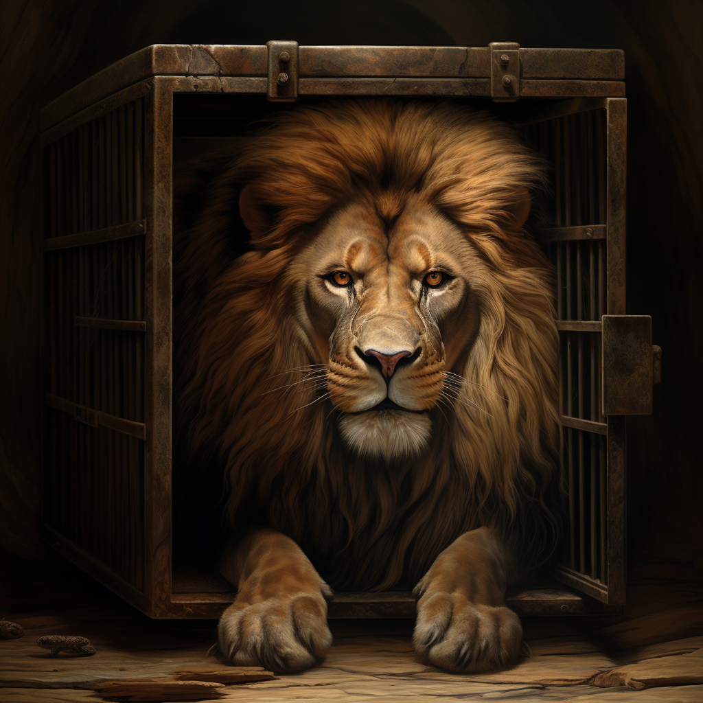 Lion struggling in small cage