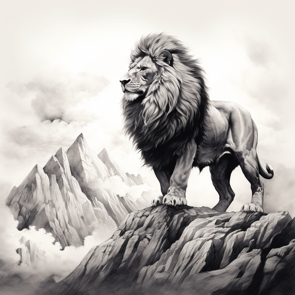 Black and white drawing of a lion on a mountain