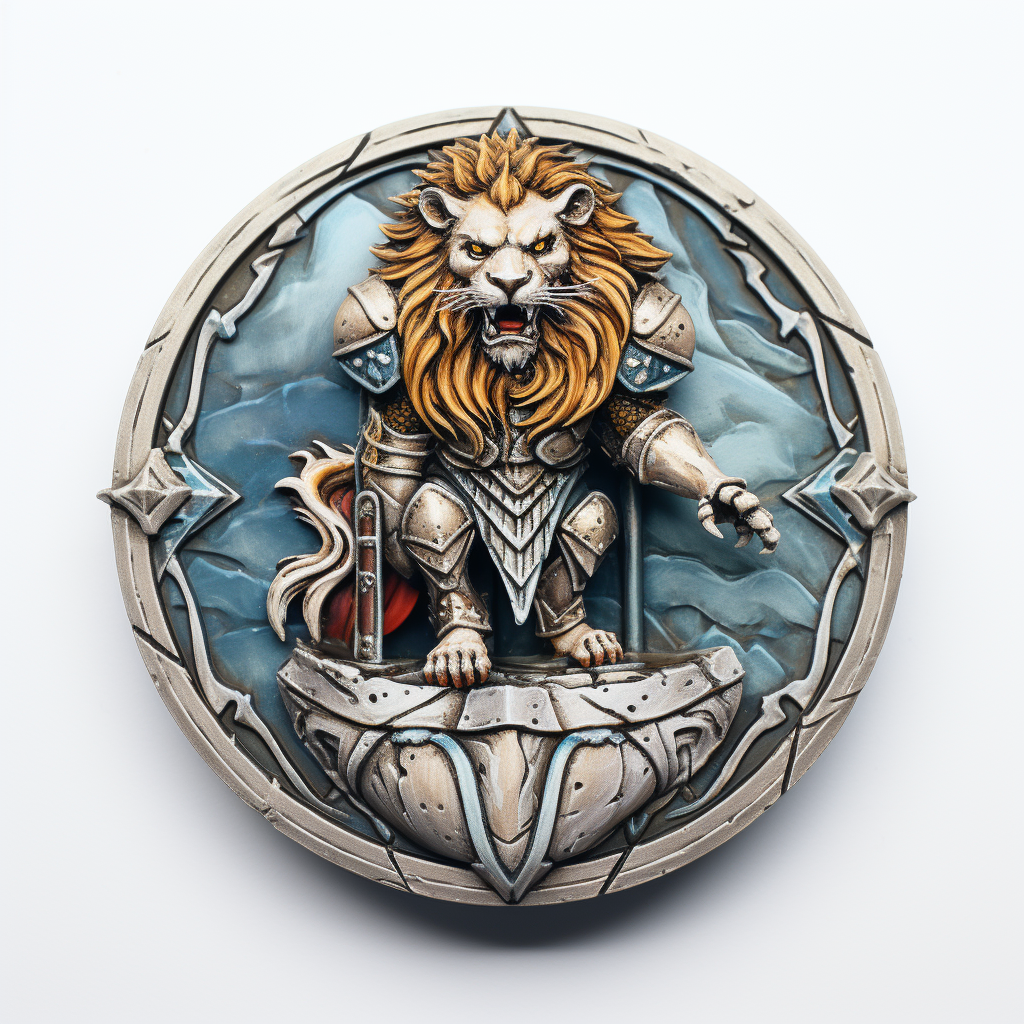 Lion gaming miniature with shield on white background