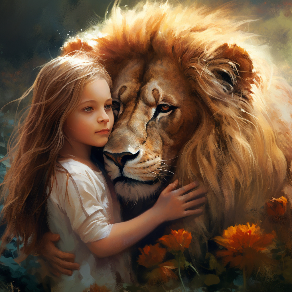 Little girl giving Lion a goodbye hug and kiss