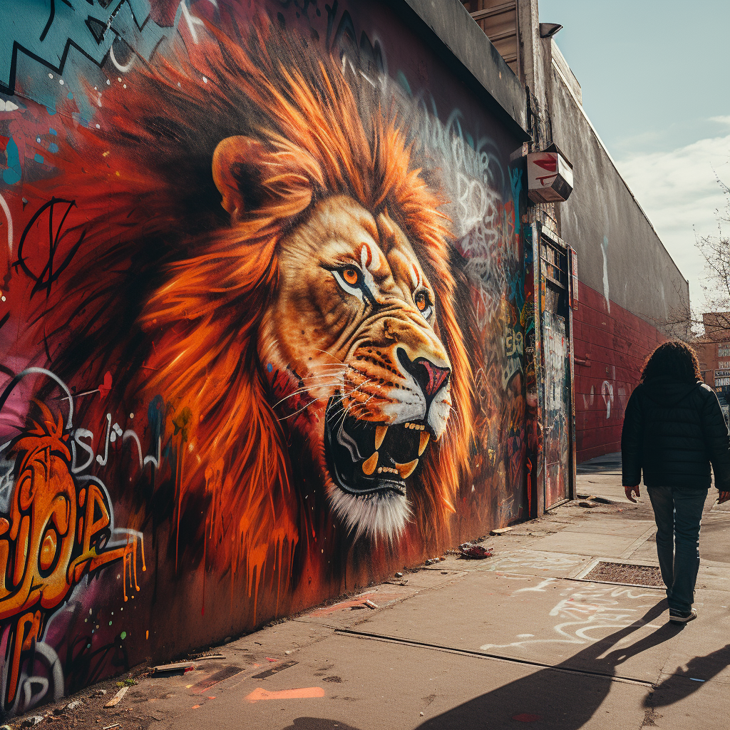 Vibrant Lion Graffiti on City Wall