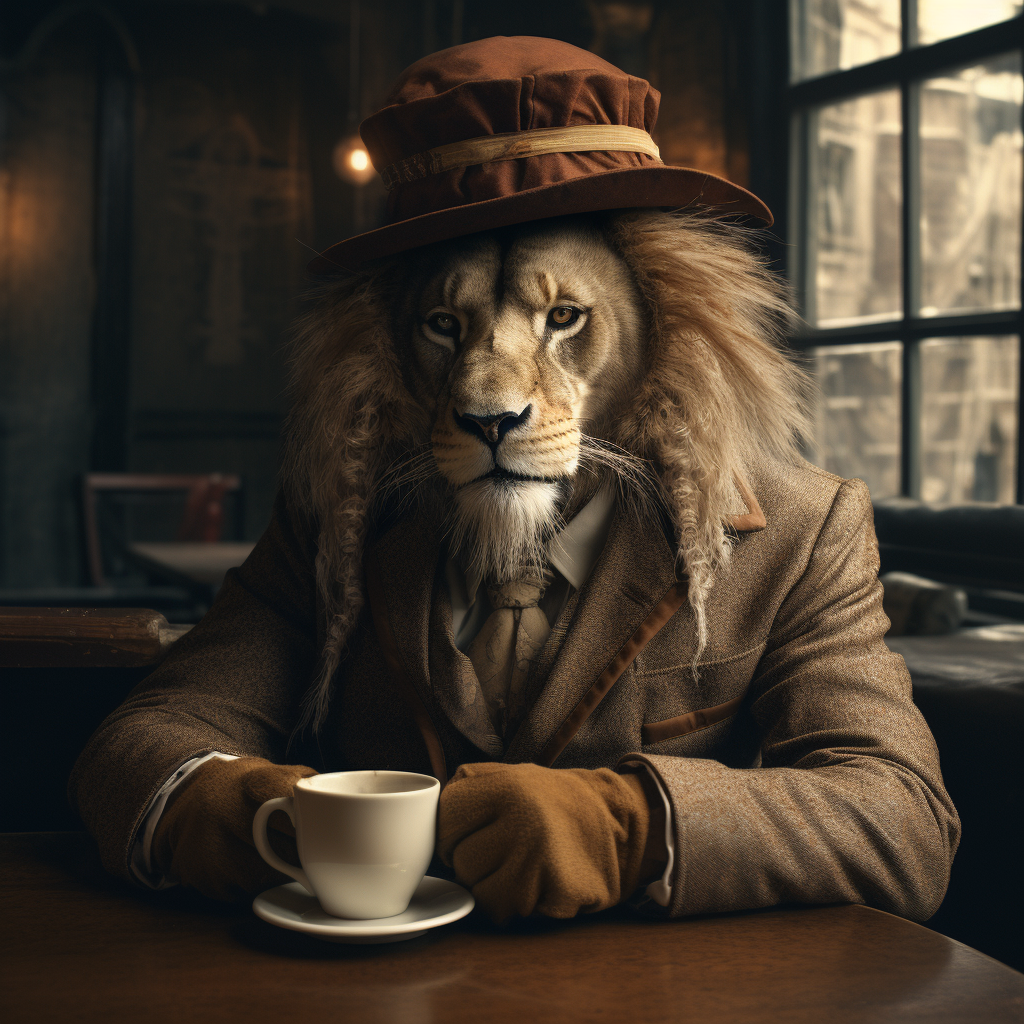 Lion with Hat Drinking Coffee