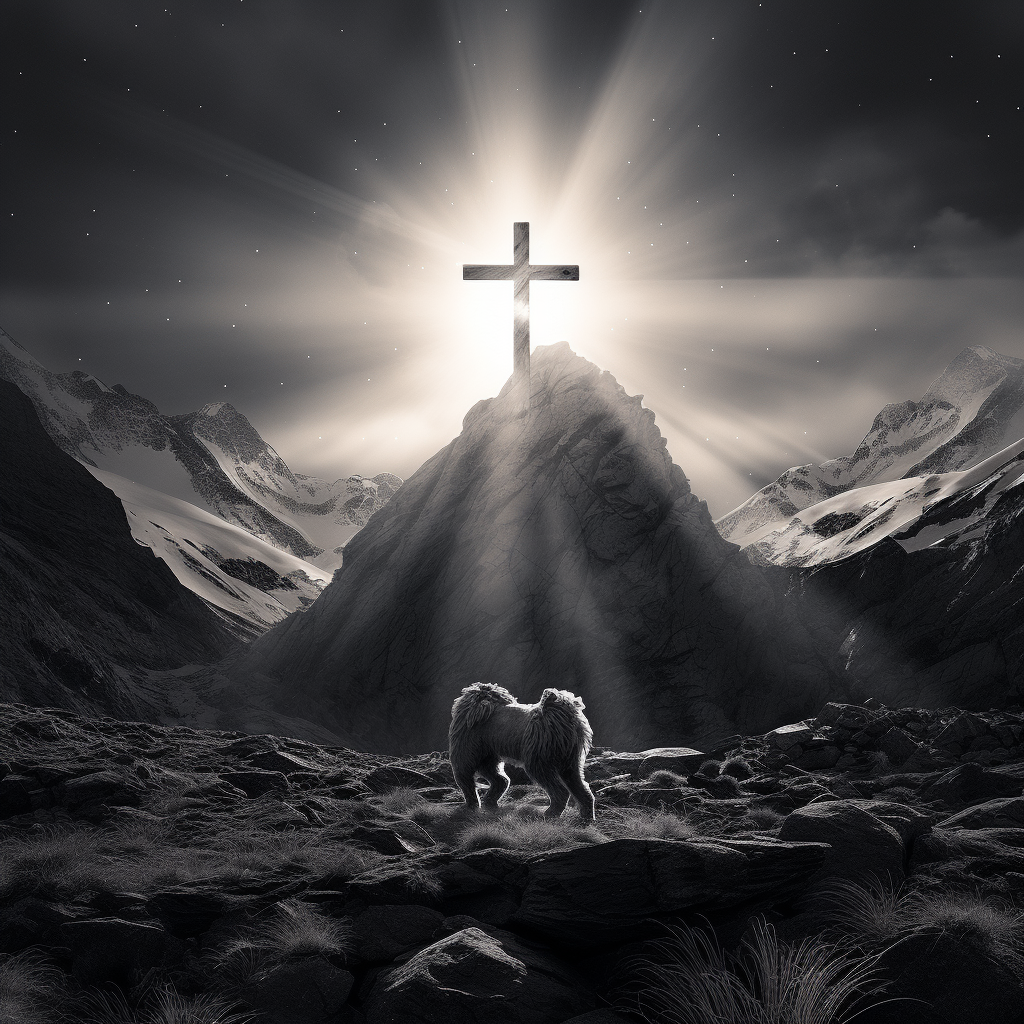 Majestic lion admiring glowing cross in mountains