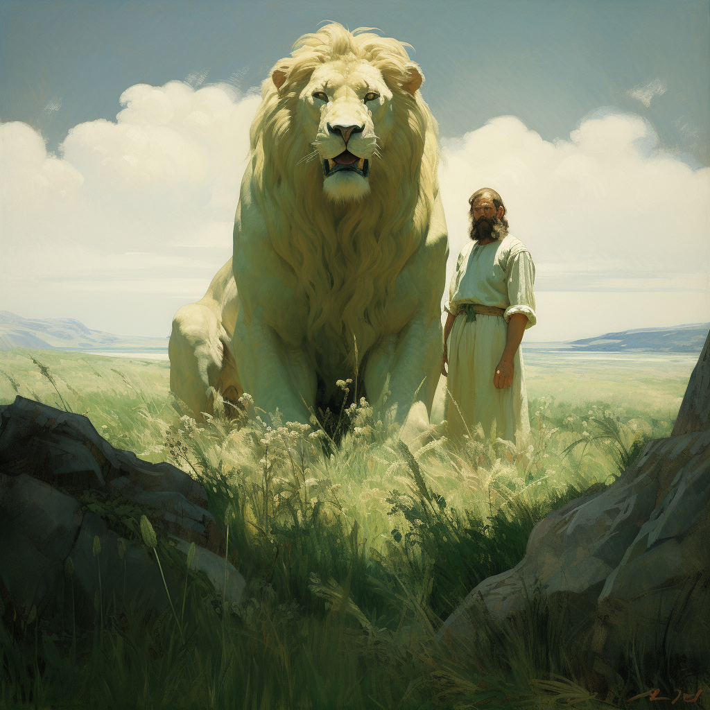 Illustration of lion and three people in field