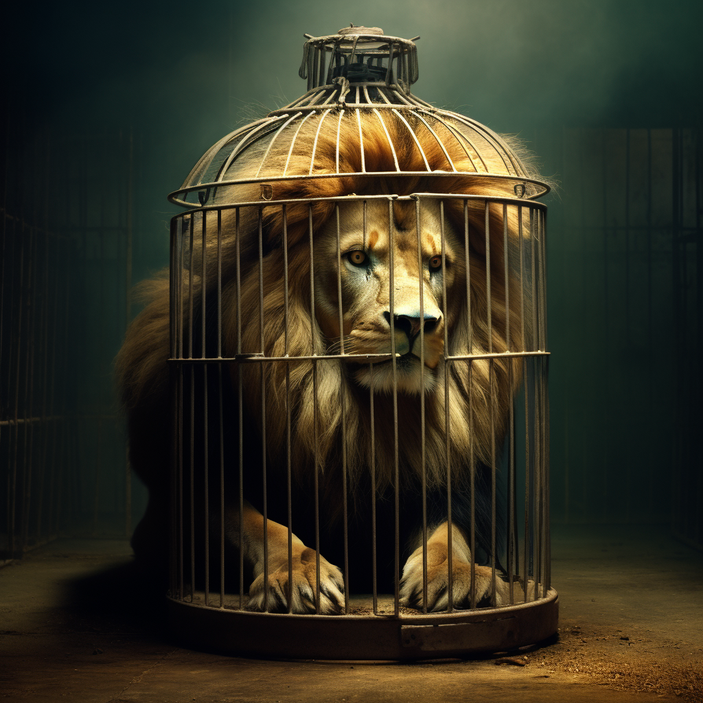 A powerful lion fighting to fit in a tiny cage