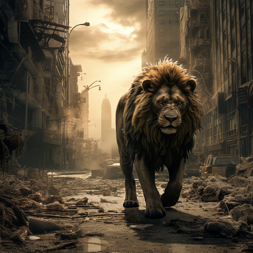 Lion walking through post-apocalyptic city streets