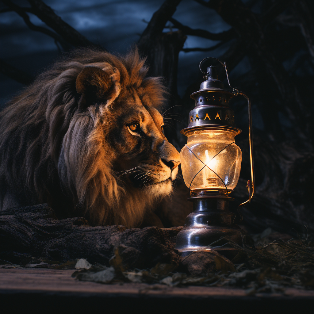 Majestic lion tail brushing on an old oil lamp