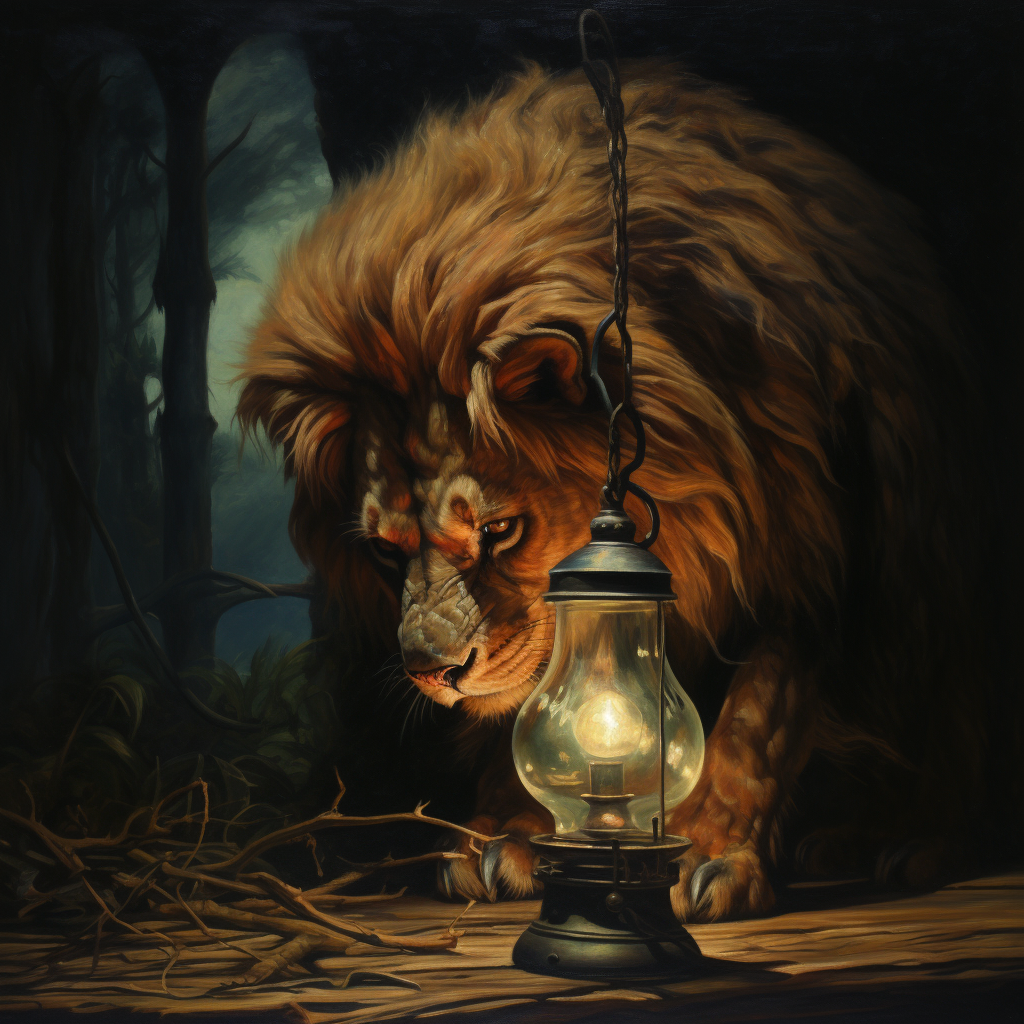 Lion rubbing an old oil lamp