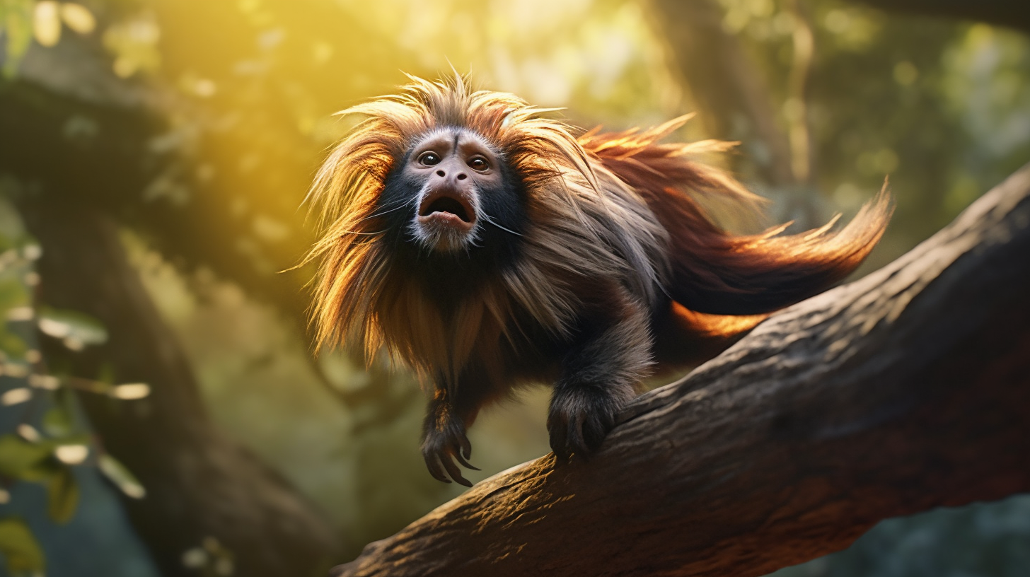 Lion Tamarin Jumping in Forest