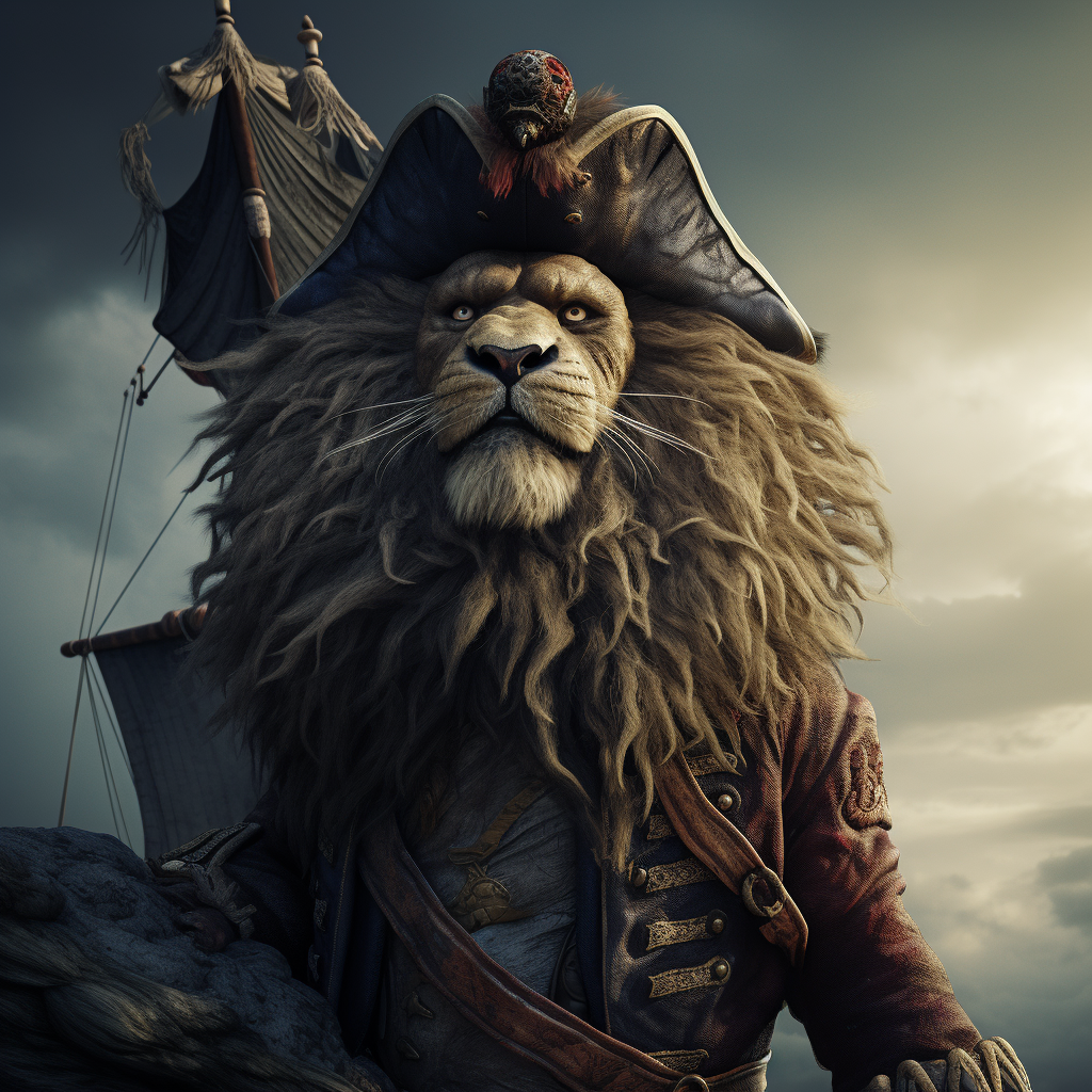 Lion standing on killed pirate