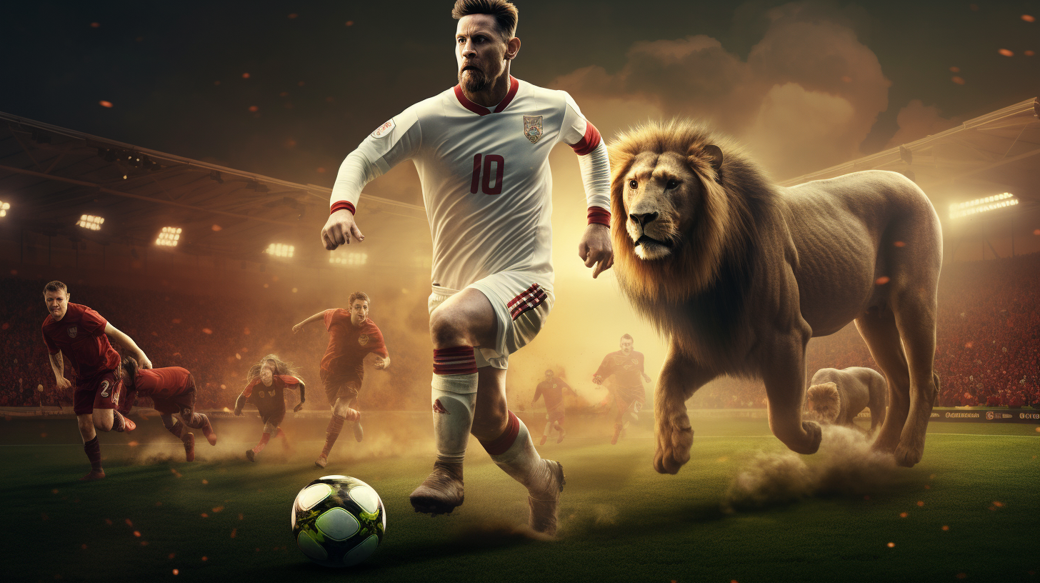 Lionel Messi dribbling past lions on football field