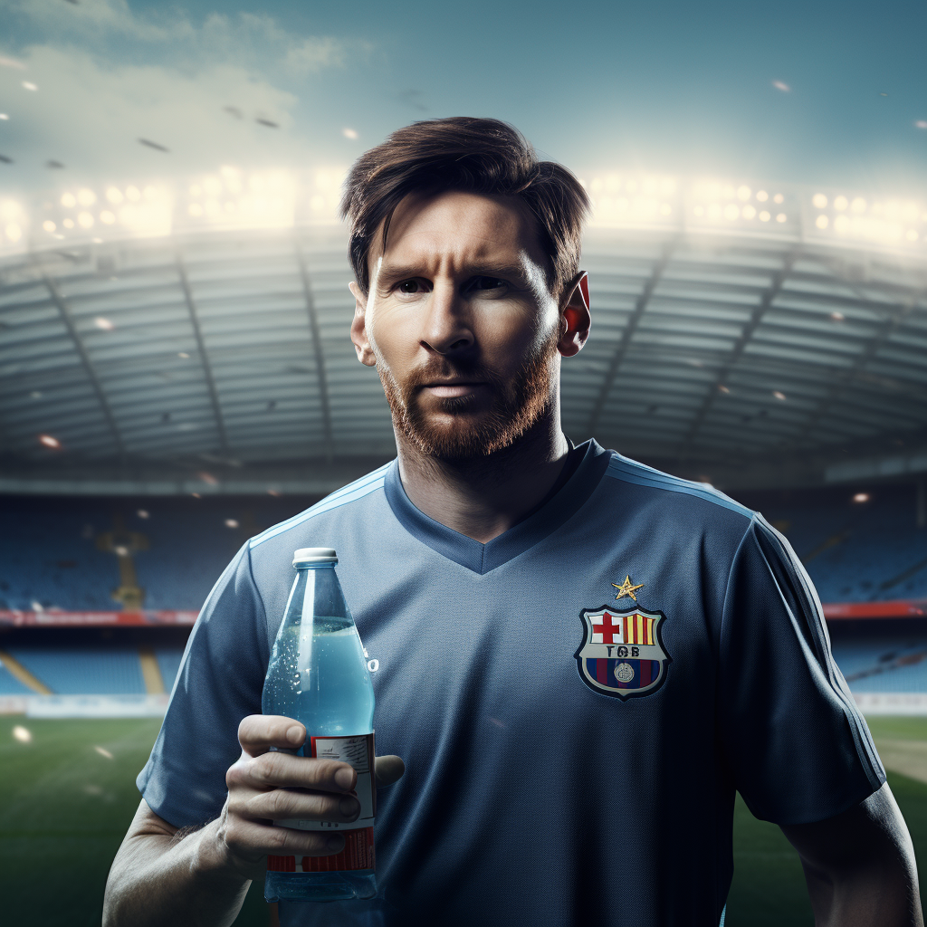 Lionel Messi enjoying sports drink on soccer field