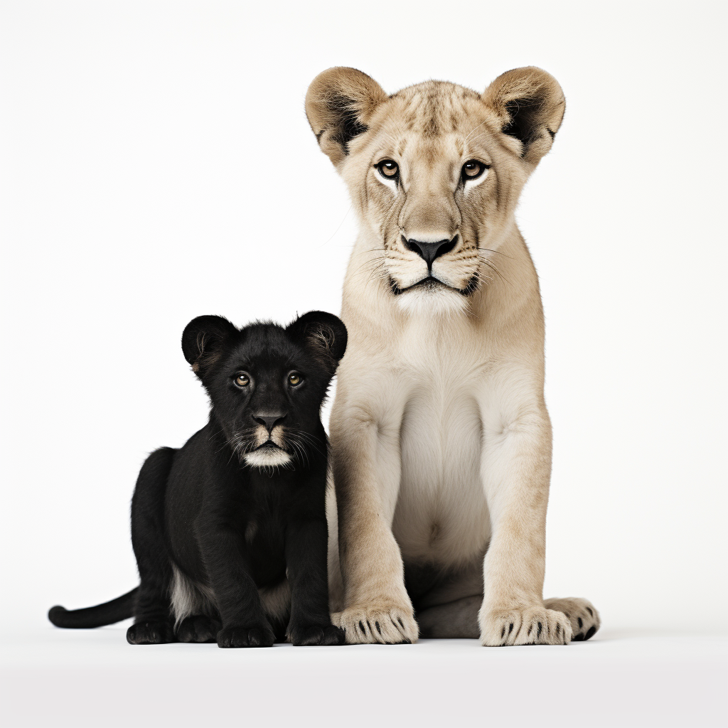 Gorgeous Lioness with High-Contrast Puppies in Minimalist Art