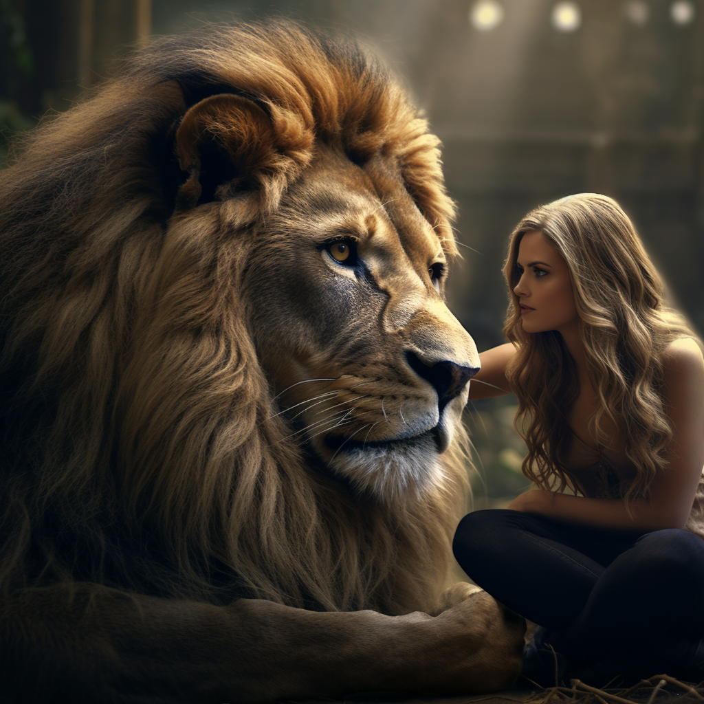 A powerful woman ruling a realistic lion