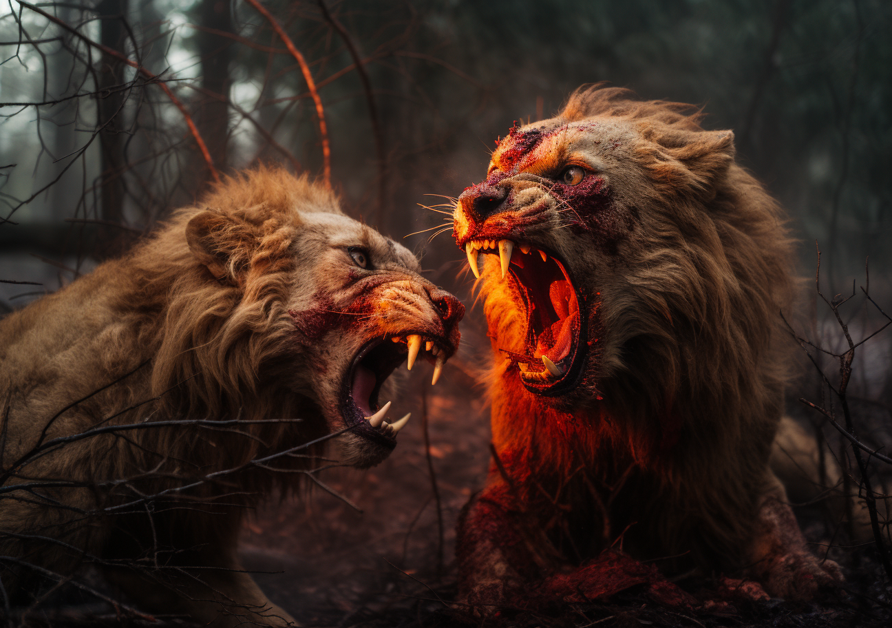 Two roaring lions in intense play