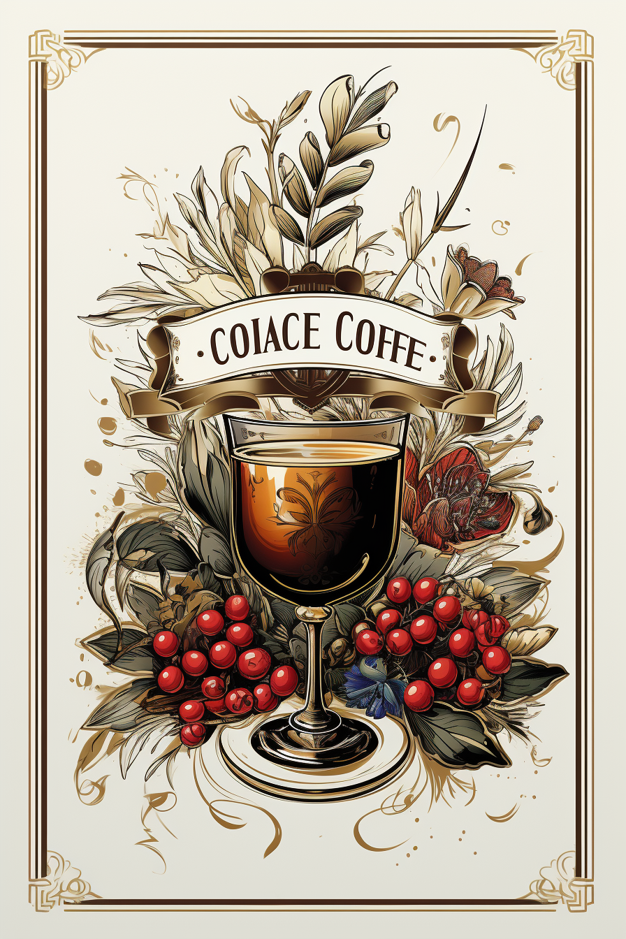 Black and white graphic poster with coffee beans and glass