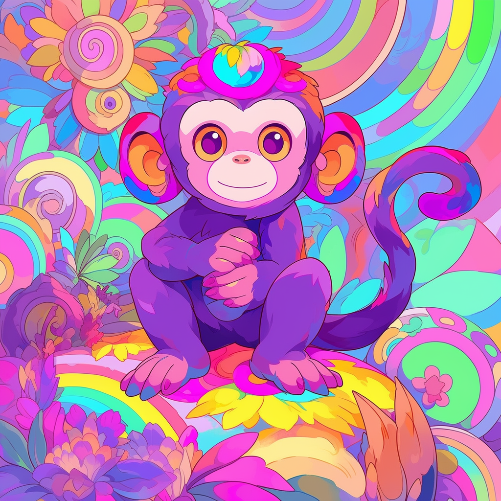 Cute monkey illustration with Lisa Frank inspiration