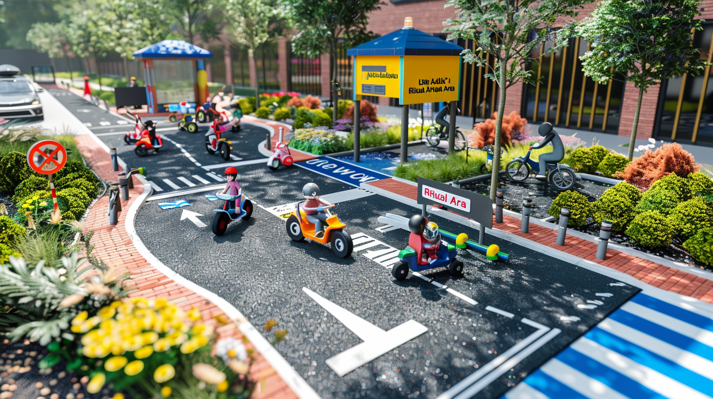 Children riding scooters in play space