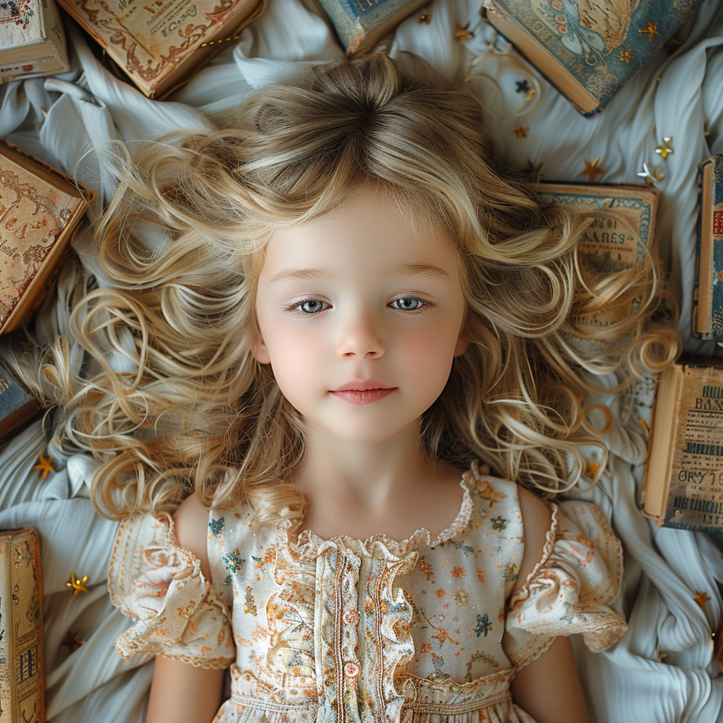 Blonde girl among enchanted books