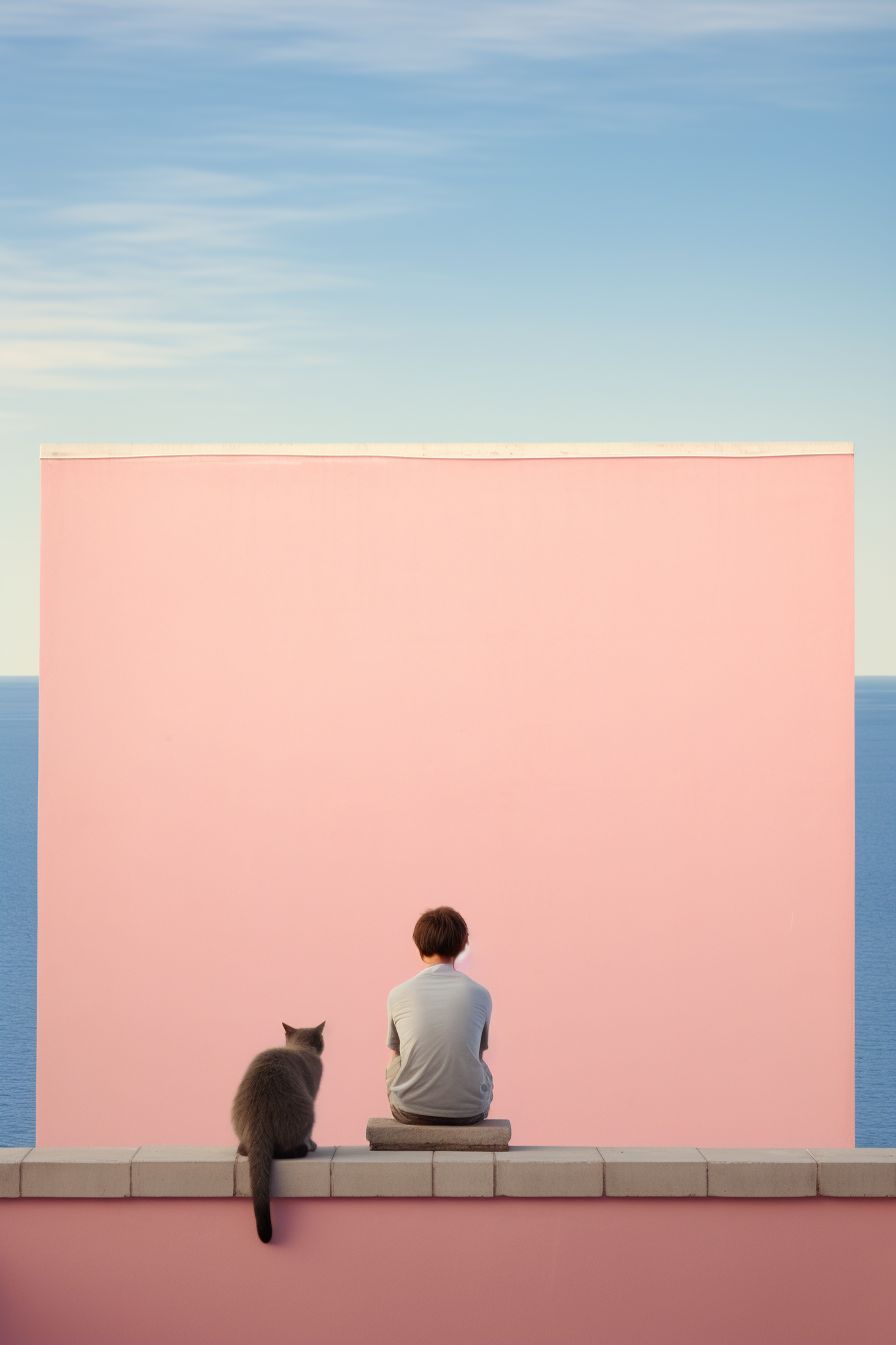 Little boy and cat admiring the sea