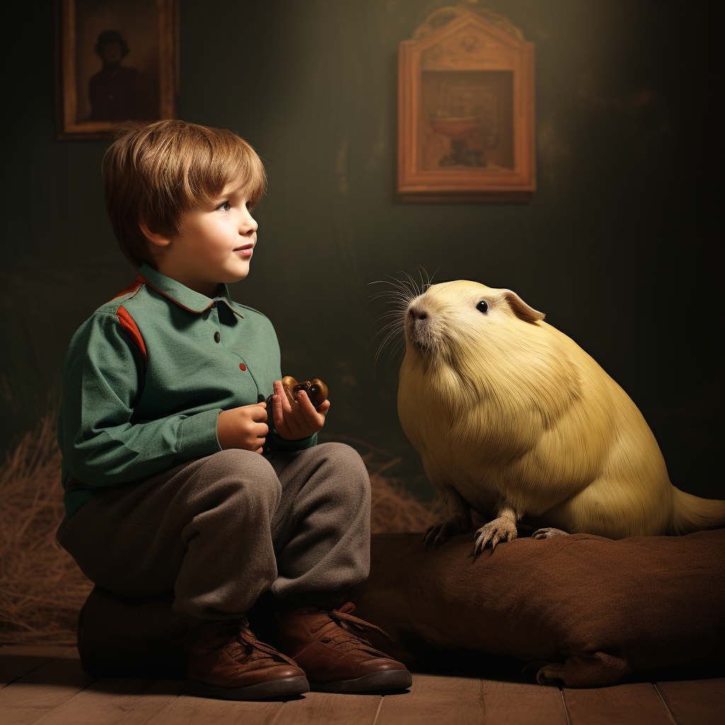 Adorable little boy with chubby guinea pig