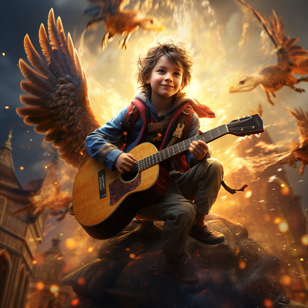 Young boy playing guitar on giant redkite