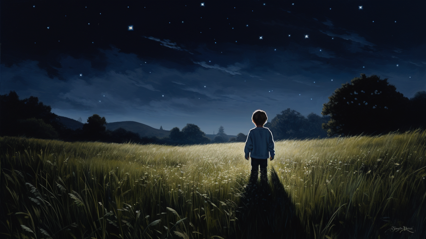 Little boy in meadow at night