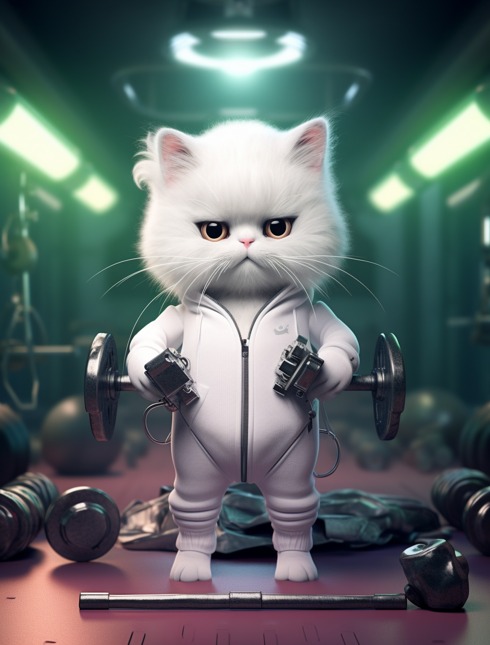 Little cat in tracksuit lifting weights