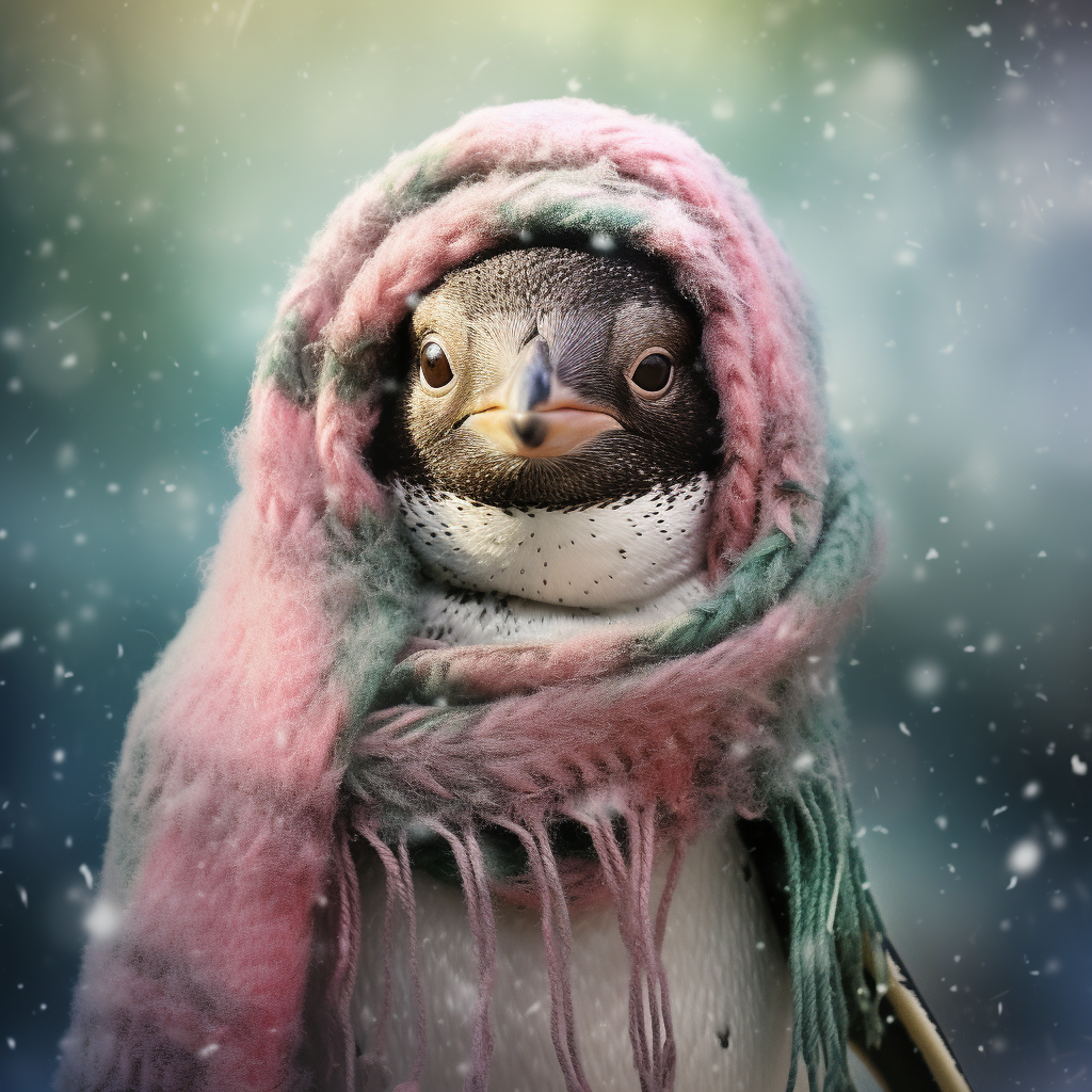 Cute female penguin wearing a pink green scarf