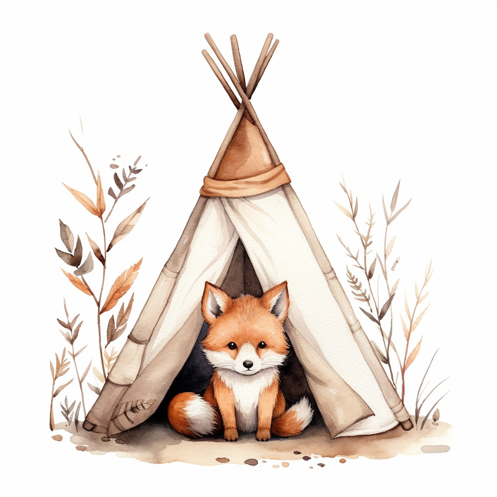 Cute fox in watercolor tipi