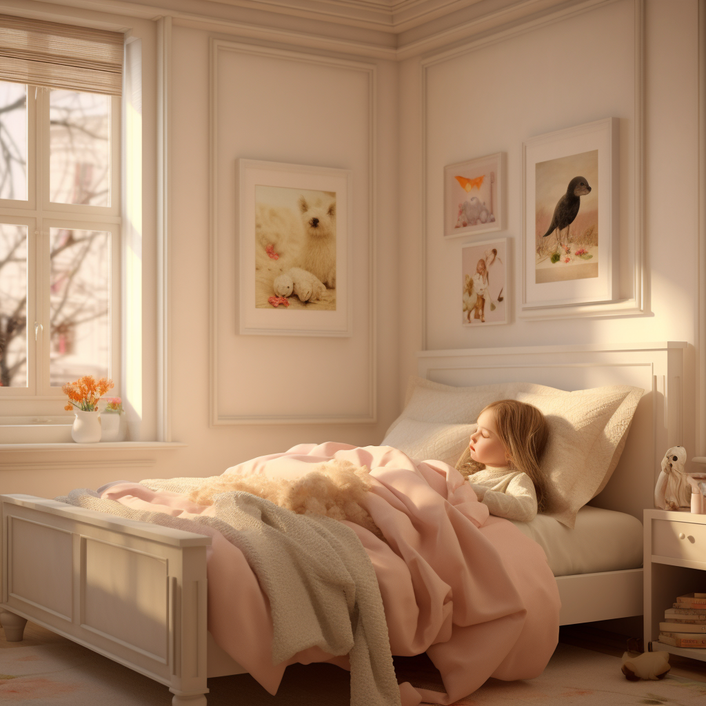 Cozy girl's traditional bedroom with cream bedding