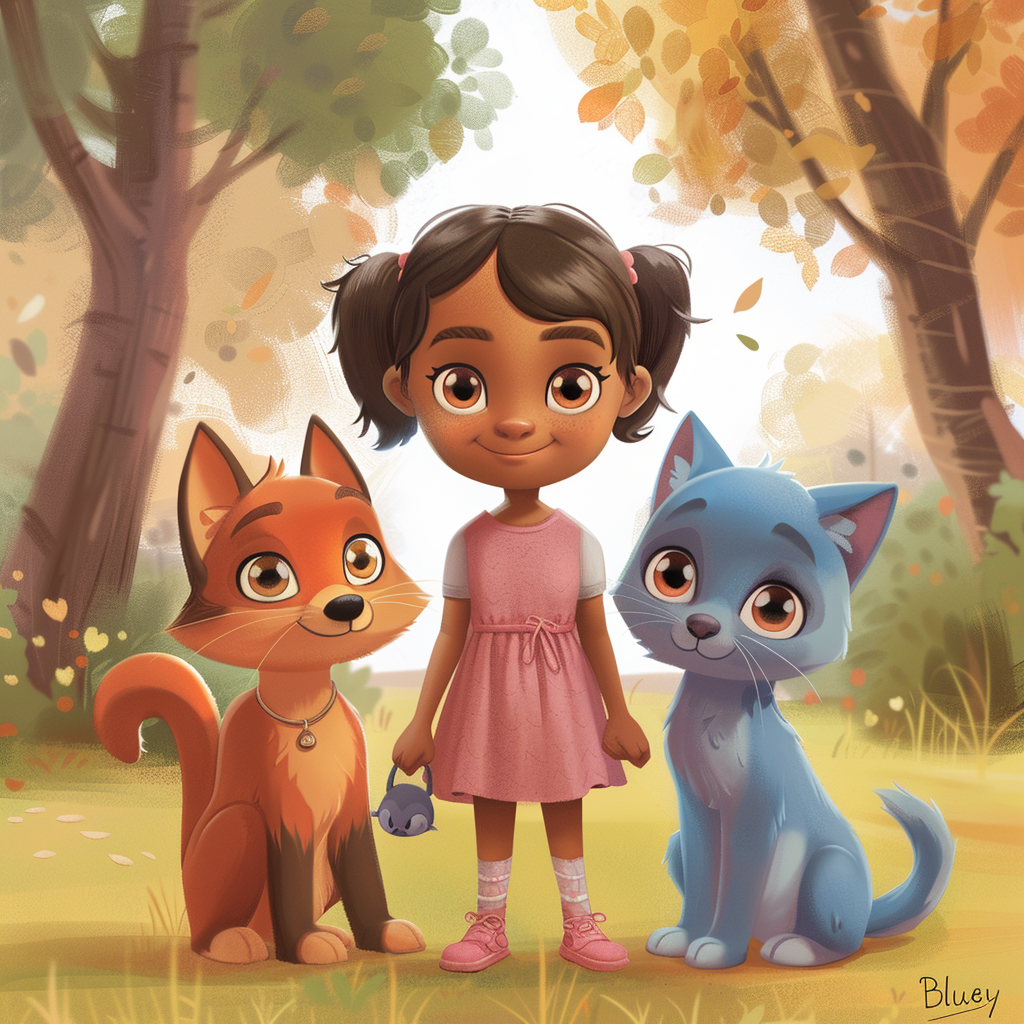 Little girl with dog and cats