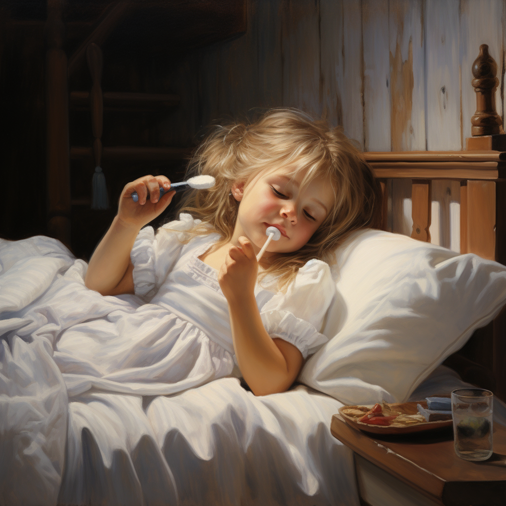 Little girl brushing teeth in cot