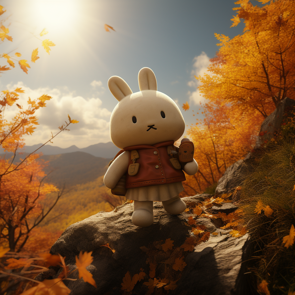 Little girl climbing mountain with Miffy in sunny autumn