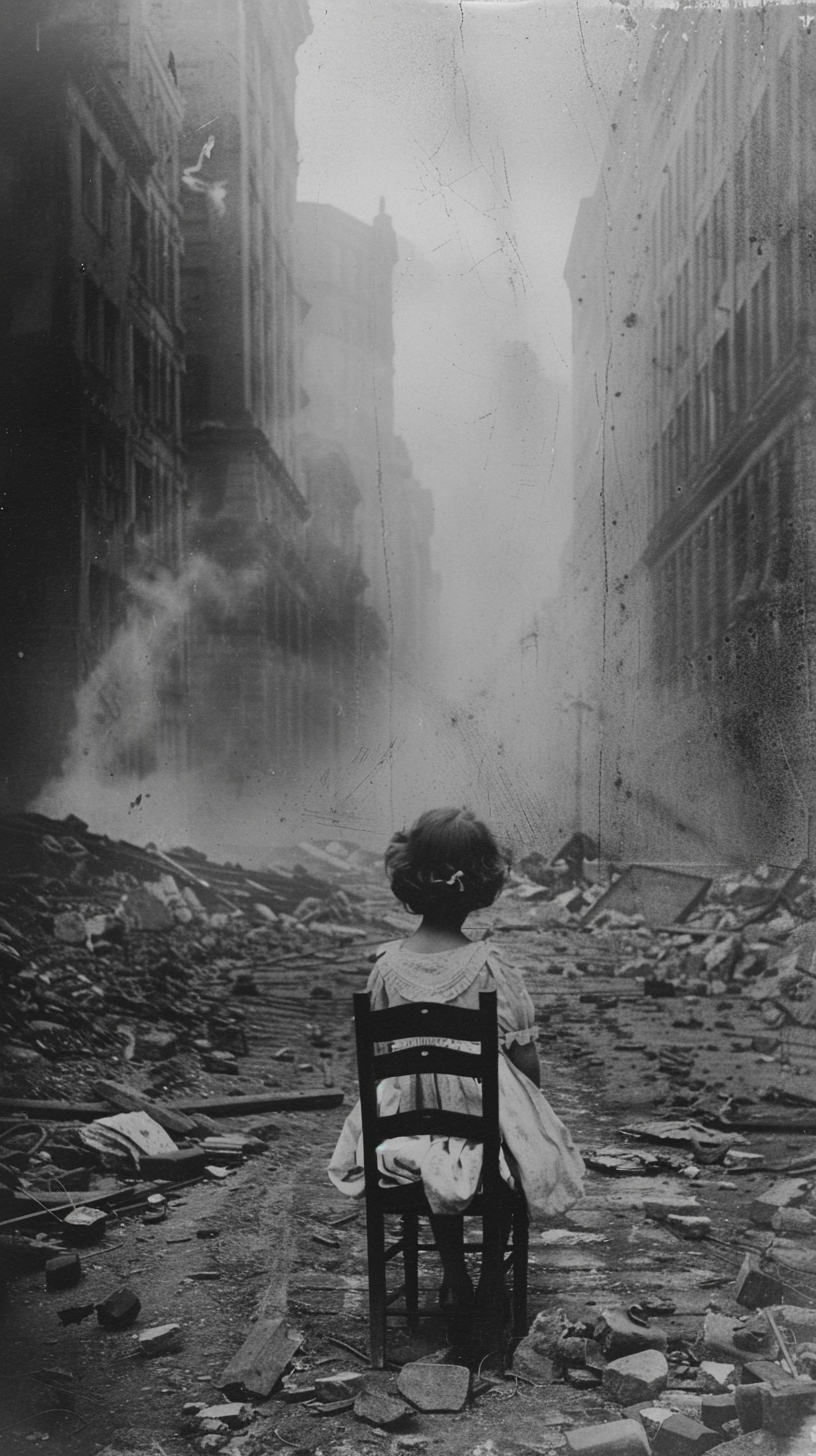 little girl in destroyed city ruins