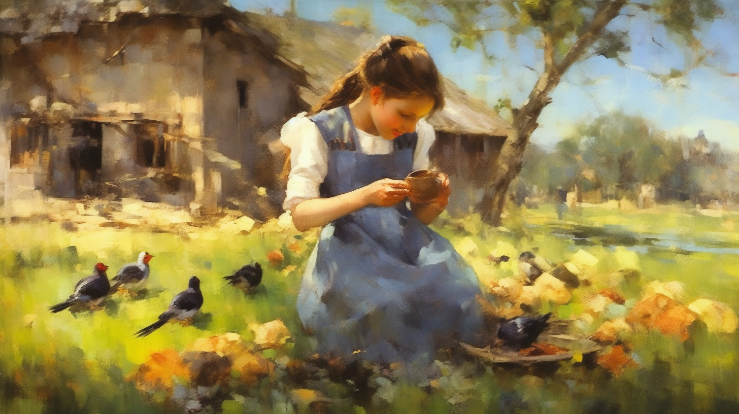 Little girl feeding birds on a farm