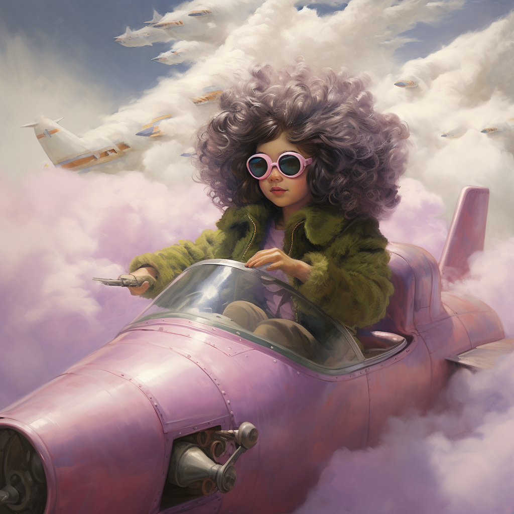 Little girl flying purple plane with green glasses