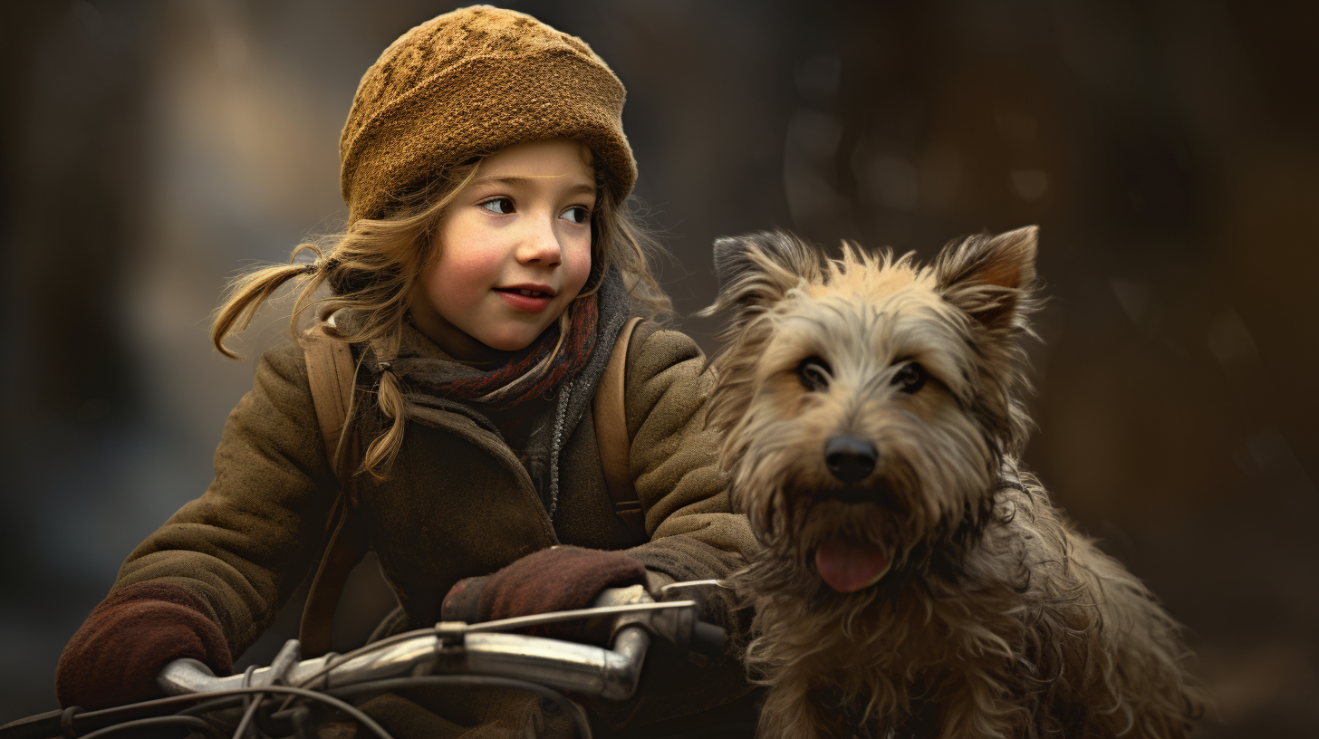 Young girl riding bike with her dog