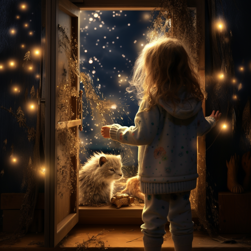 Little girl opening golden door to arctic dream land