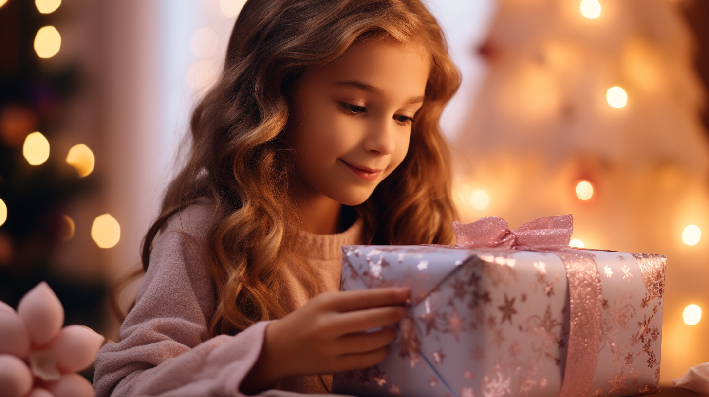 Girl opening gift box in living room