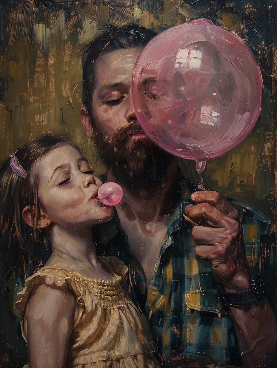 Girl blowing pink bubble dad