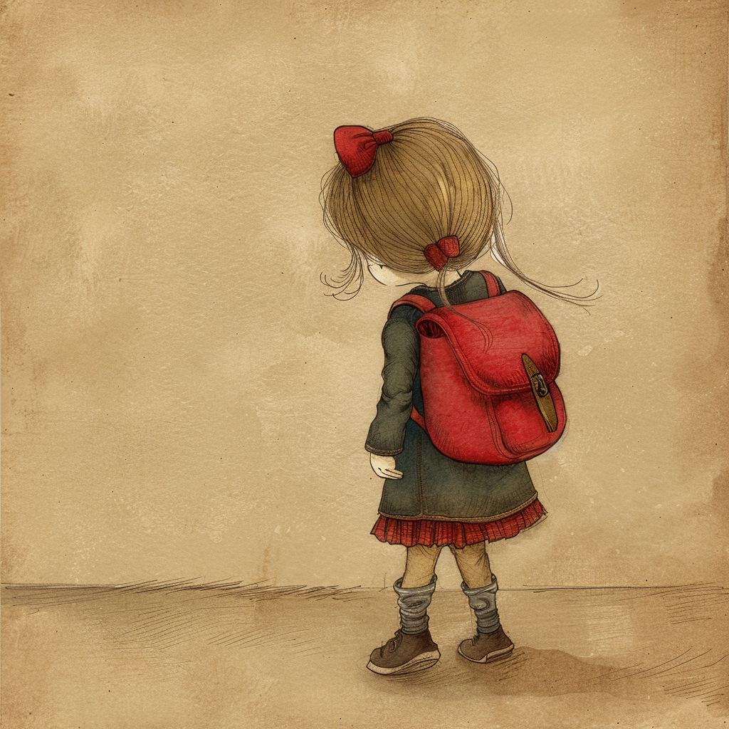 Little girl with red bag walking