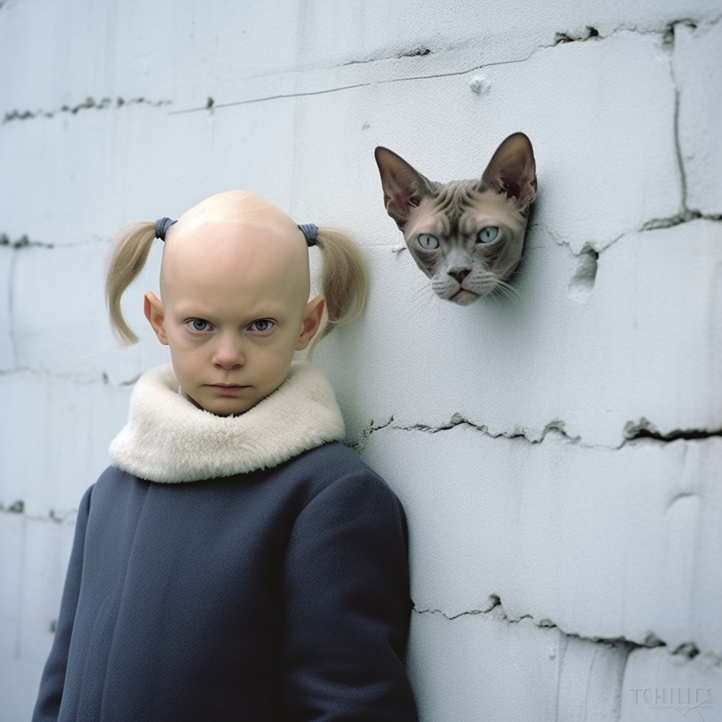 Nordic girl with Sphynx cat on ruined wall