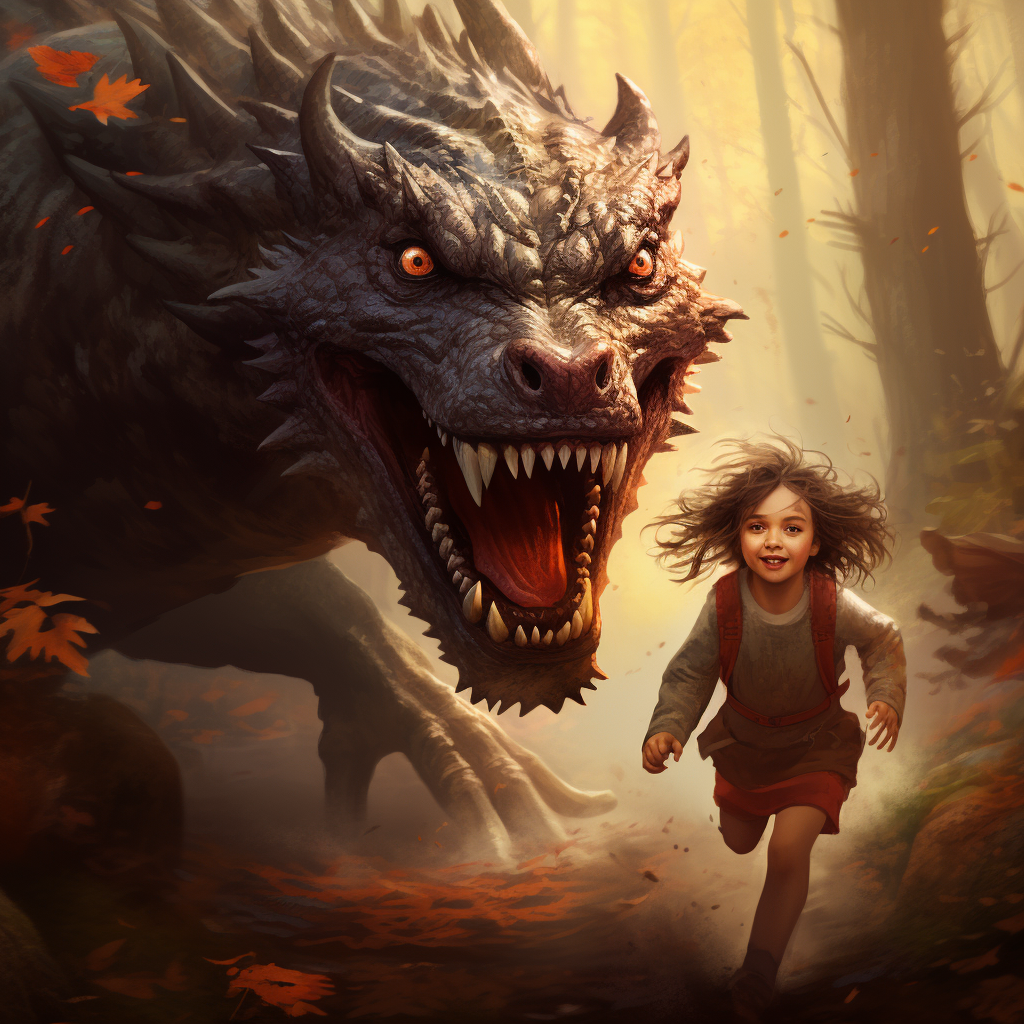 Little girl and wolf running in forest