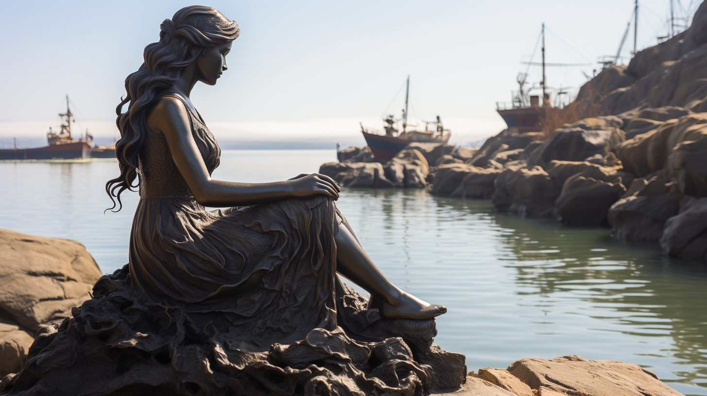 Little mermaid sitting on a rock watching ships