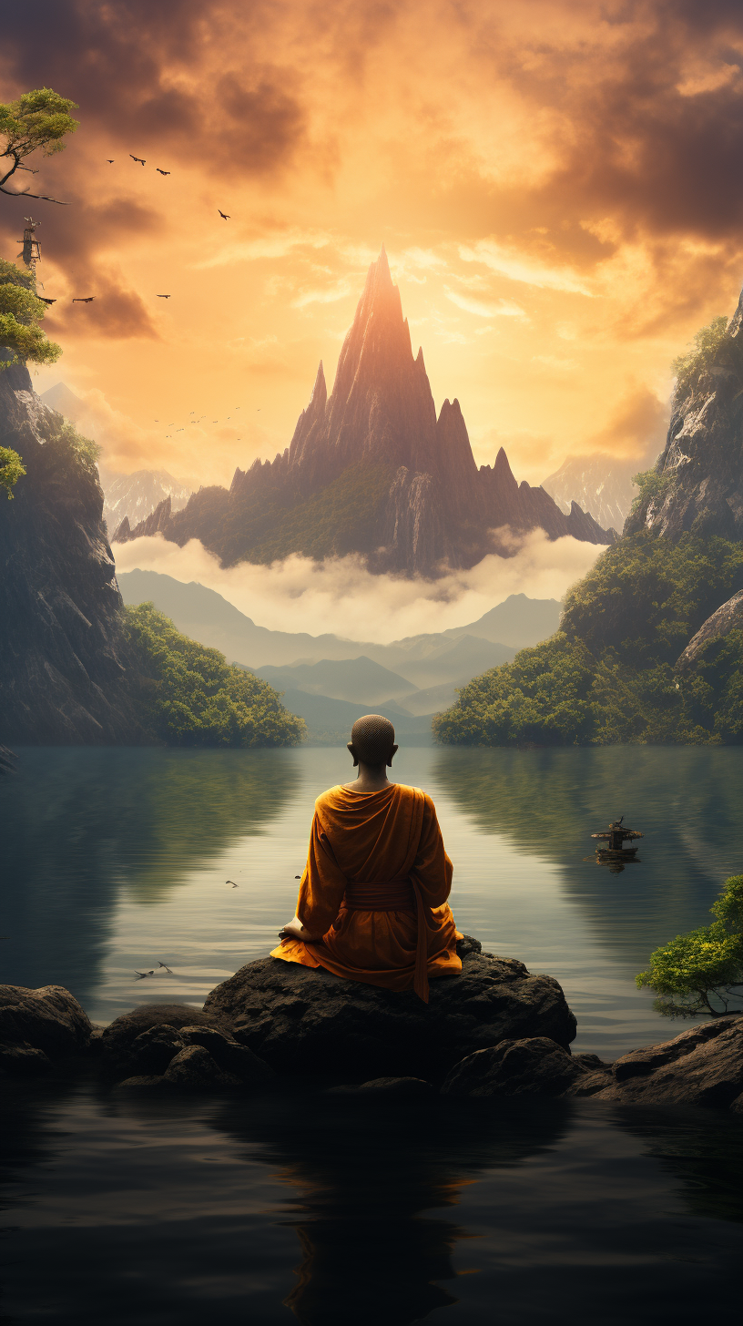 Little monk meditating in serene nature