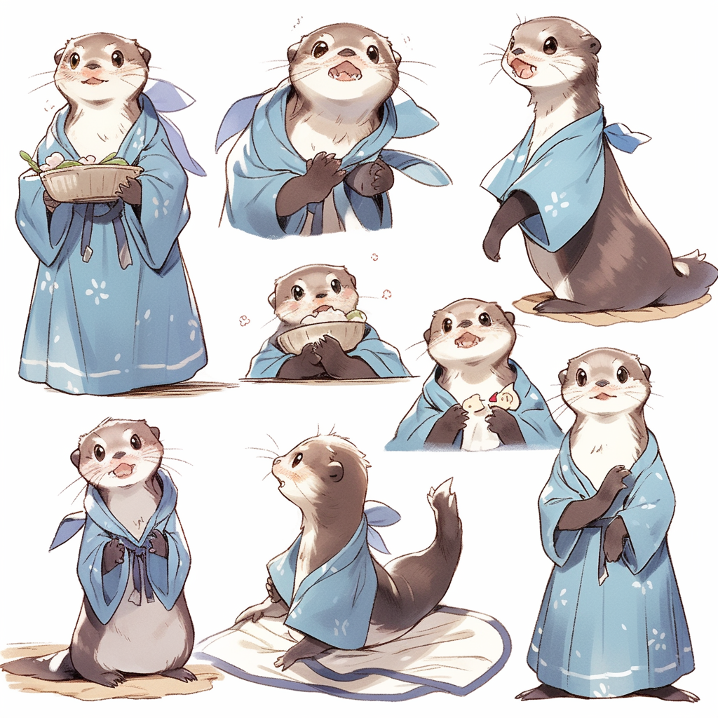 Cute otter mom in blue jacket and headscarf