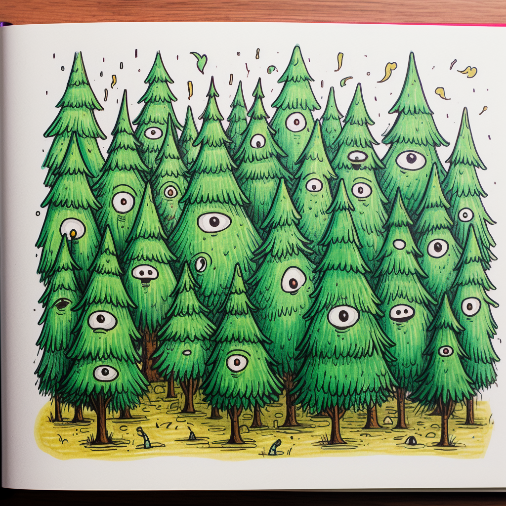 Colorful doodle of little pine trees with eyes