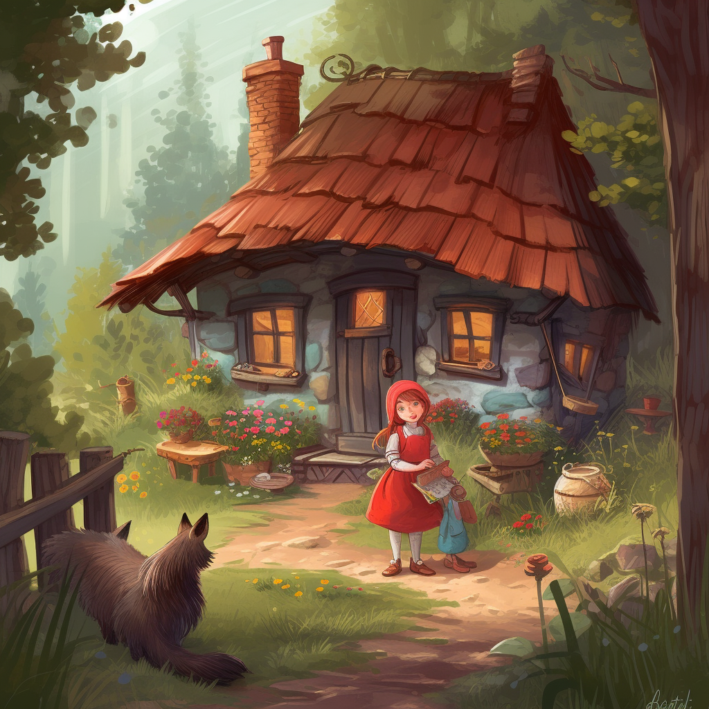 Little red riding hood playing outside cozy cottage